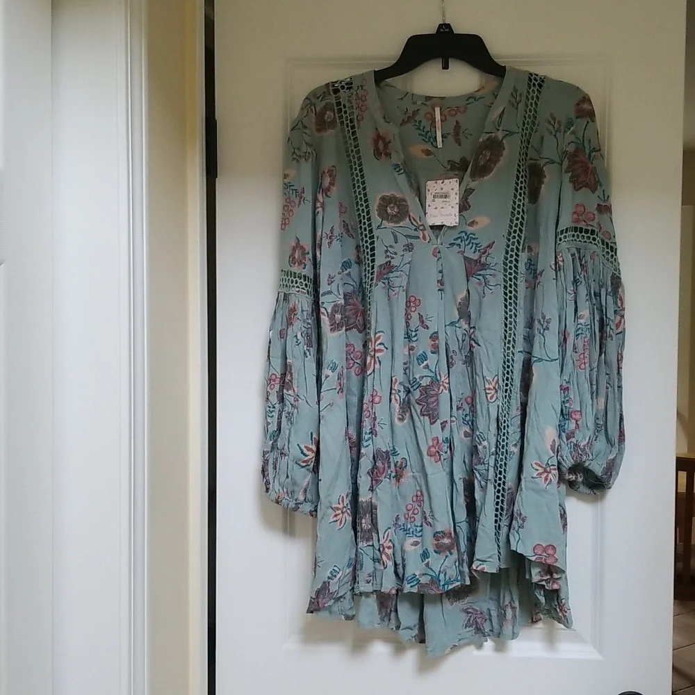 Free People Just The Two Of Us Printed Floral Lace Inset Tunic Dress, S